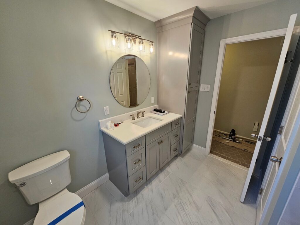 A contemporary bathroom remodel with calming colors.